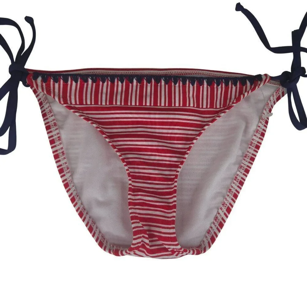 Womens XS Red White Striped Bikini Bottom Navy Tie Sides